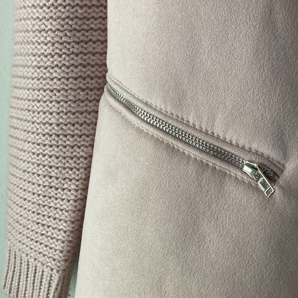 SHERPA LINED Pink Vegan Suede Cascade Collar Knitted Combination Jacket - Picture 5 of 6